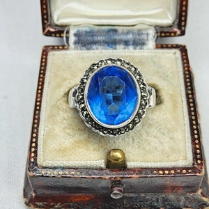 Superb Art Deco, Antique, Woman&#39;s Silver, Marcasite and Large Sapphire Paste Statement Ring.