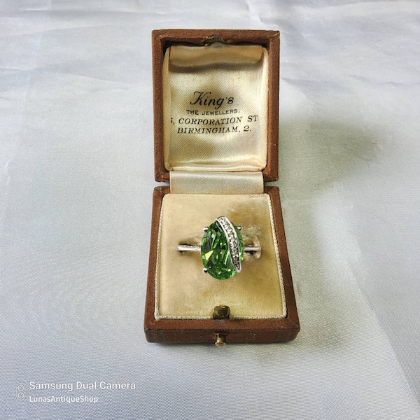 Eye-catching Vintage Sterling Silver, Clear Natural Cubic Zirconia and Green Paste Statement Ring.