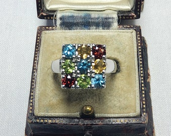 Fantastic Colourful Vintage, Woman's Sterling Silver, Natural Aquamarine, Natural Peridot, Natural Garnet and Tourmaline Cluster Ring.