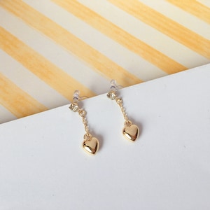 Invisible clip on earrings, Gold Heart Drop Earrings