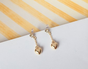 Invisible clip on earrings, Gold Heart Drop Earrings