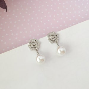 Invisible clip on earrings, Diamond Designed Rose and Pearl Drop Earrings