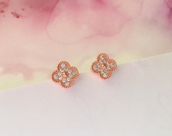 Invisible clip on earrings, Rose Gold Diamond Clover Studs