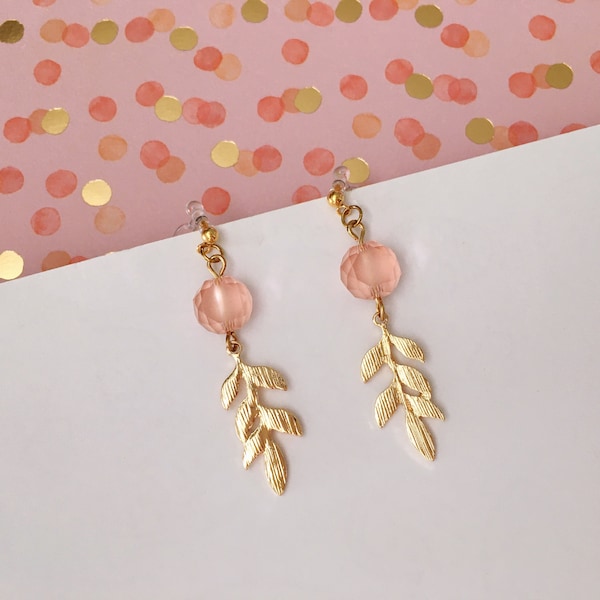 Invisible clip on earrings, Pink Bead with Golden Leaf Earrings