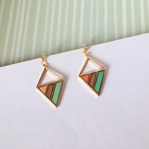 Invisible clip on earrings, Colorful Wood in Diamond Shape Frame Earrings