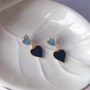 Invisible clip on earrings, Blue Hearts Earrings