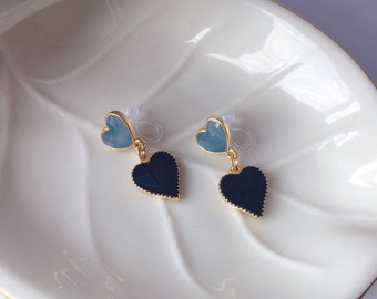 Invisible clip on earrings, Blue Hearts Earrings