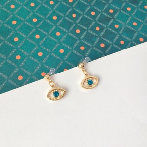 Invisible Clip on Earrings, Gold and Blue Eye Earrings