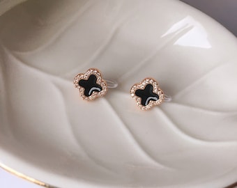 Invisible clip on earrings, Black Four Leaf Clover Studs with Rose Gold Edge