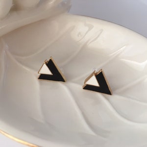 Invisible clip on earrings, Black and White Inverted Triangle Studs