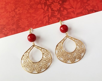 Invisible clip on earrings, Red Bead and Golden Indian Style Round Earrings