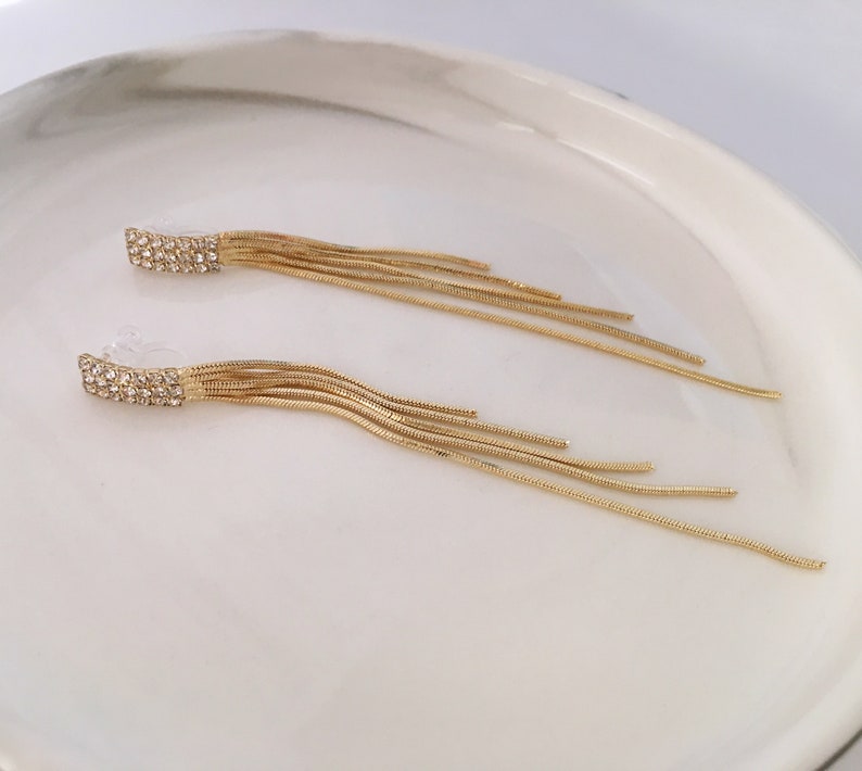 Invisible clip on earrings, Golden Tassel Long Earrings image 2
