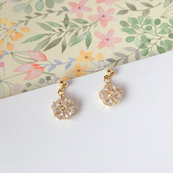 Invisible clip on earrings, Diamond Flower Earrings