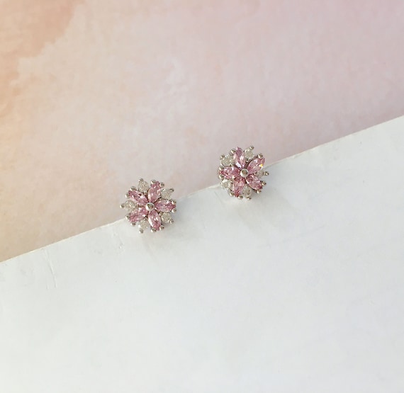 Invisible Clip on Earrings Diamond Designed Pink Flower Studs Etsy