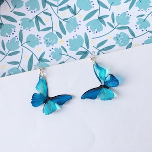 Invisible clip on earrings, Blue and Shinny Butterfly Earrings