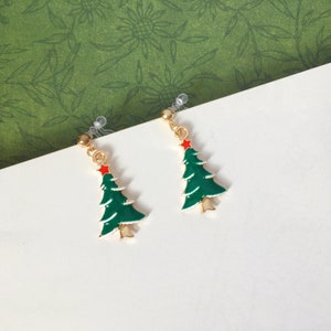 Invisible clip on earrings, Green Christmas Tree Earrings