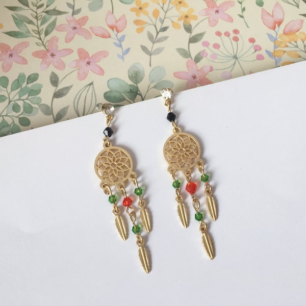 Invisible clip on earrings, Gold Dreamcatcher Earrings