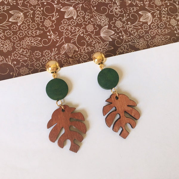 Invisible clip on earrings, Brown Wood Leaf Earrings