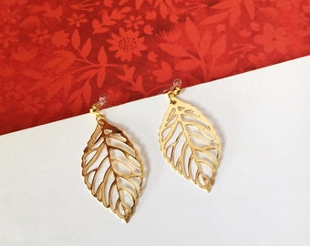 Invisible clip on earrings, Golden Leaf Earrings