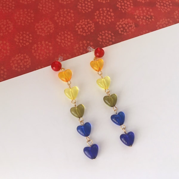 Invisible clip on earrings, Rainbow Heats Long Earrings