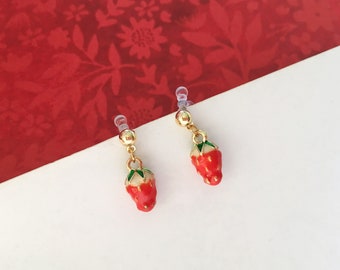 Invisible clip on earrings, Strawberry Earrings