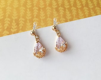 Invisible clip on earrings, Teardrop Crystal with Golden Flowers Earrings 