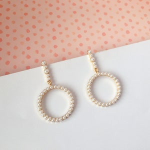Invisible clip on earrings, White Pearl Hoop Earrings