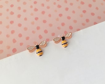 Invisible clip on earrings, Rose Gold Tone Bee Studs