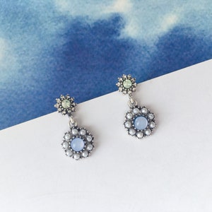 Invisible clip on earrings, Blue Gem and Pearl Earrings