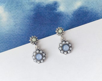 Invisible clip on earrings, Blue Gem and Pearl Earrings