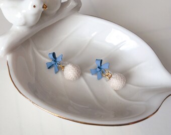 Invisible clip on earrings, Blue Bow and White Ball Earrings