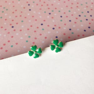 Invisible clip on earrings, Small green four leaf clover studs