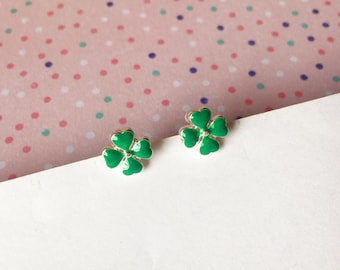 Invisible clip on earrings, Small green four leaf clover studs