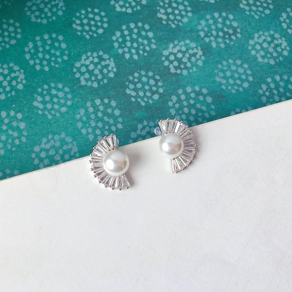 Invisible clip on earrings, Fan Shape Diamond and Pearl Studs