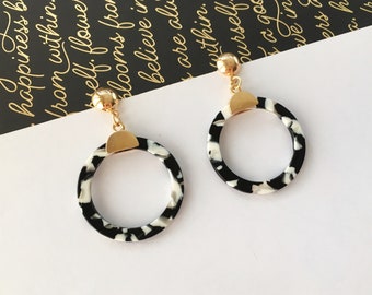 Invisible clip on earrings, Black and White Resin Hoop Earrings