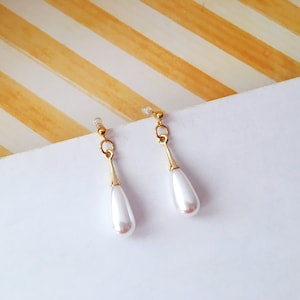 Invisible clip on earrings, Skinny Pear Shape Pearl Drop Earrings