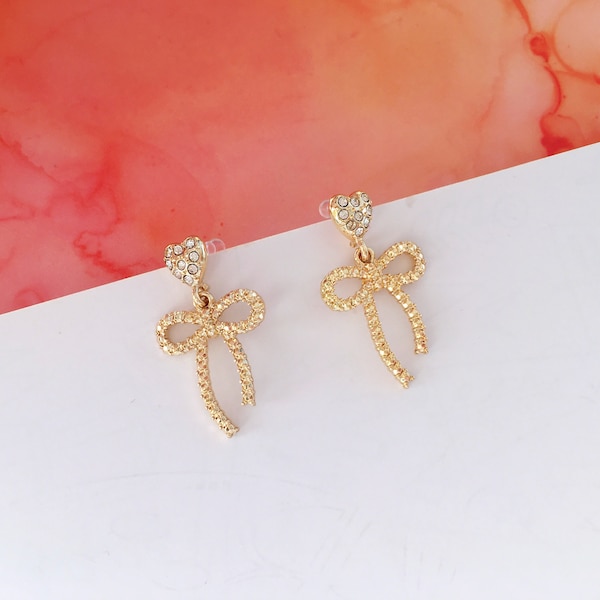 Invisible clip on earrings, Gold Bow Earrings