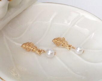 Invisible clip on earrings, Golden Feather and Pearl Earrings