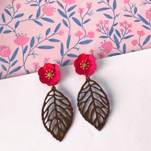 Regular clip on earrings, Pink Flower and Brown Leaf Earrings