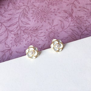 Invisible clip on earrings, White Camellia Studs