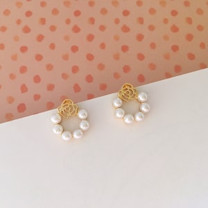 Invisible clip on earrings, Golden Rose on Pearl Circle Studs
