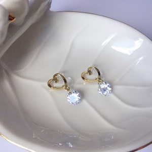 Invisible clip on earrings, Golden Heart and Diamond Earrings