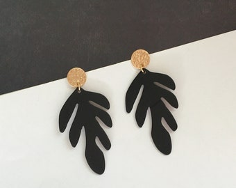 Invisible clip on earrings, Black Leaf Earrings