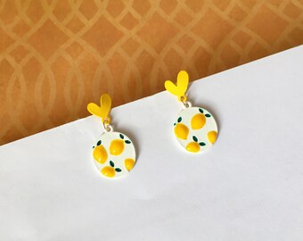 Invisible clip on earrings, Yellow Heart and Lemon Earrings
