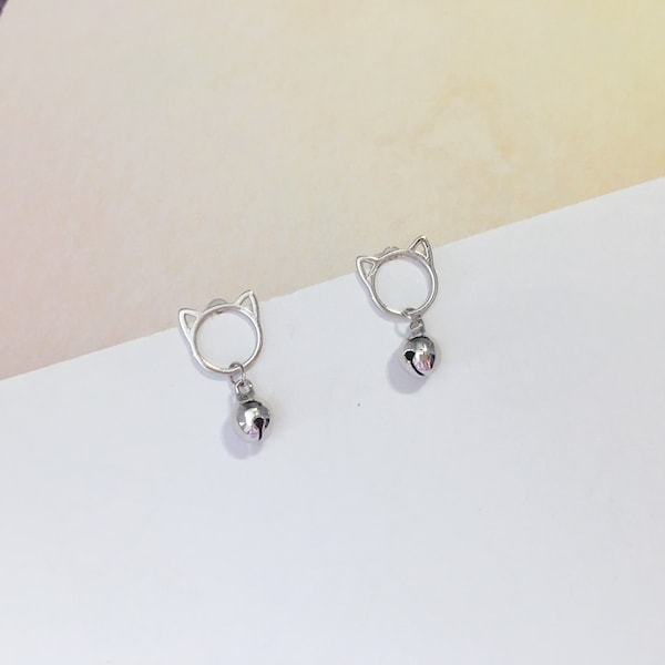 Invisible clip on earrings, Silver Cat and Bell Studs