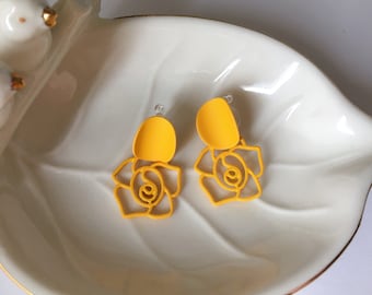 Invisible clip on earrings, Yellow Rose Earrings