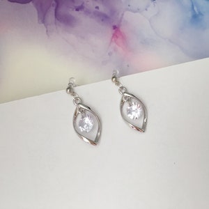Invisible clip on earrings, Diamond Drop in Silver Frame Earrings