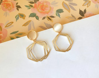 Invisible clip on earrings Golden Pentagon Hoop Earrings