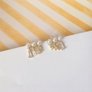 Invisible clip on earrings, Pearl Studs with Diamond Tassel
