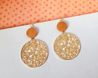 Invisible clip on earrings, Orange Wood Chip and Golden Leaf Totem Earrings